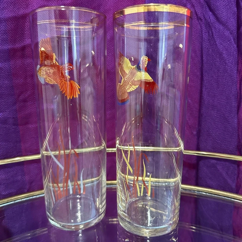 Vintage 1950s–1960s Pheasant Highball Glasses‎ Set of 2 Mid Century Fall Barware